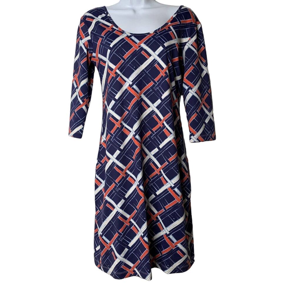 Persifor Kilpatrick Dress MED Woven Bamboo Plaid Stretch 3/4 Sleeves Scoop Neck